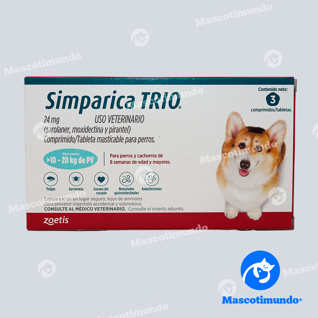SIMPARICA TRIO 24 MG PARA PERROS > 10–20 KGS 3 TABLETAS (AZUL)